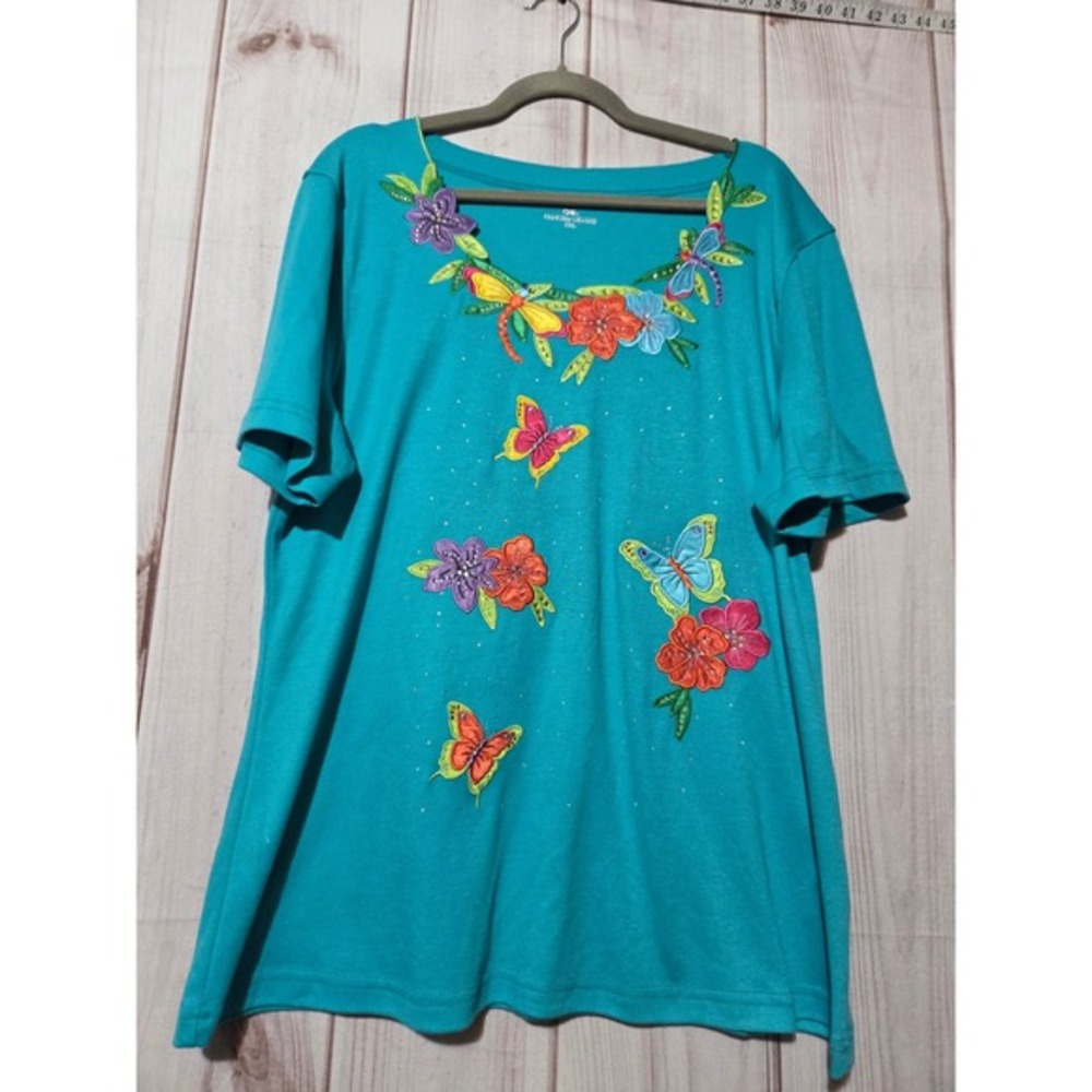 Princess‎ Cruises Teal Blue Embroidered Butterfly Floral Rhinestone T-Shirt XXL